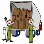An image of a moving men and truck with boxes.