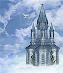 a church in the sky with a peace dove