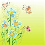 Green background with draw flowers and butterflies