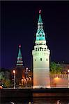 view on kremlin tower from river at night in Russia Moscow