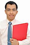 Asian mature business man of executive holding red folder of document, half length closeup portrait on white background.