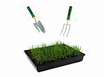 Green grass and garden tools  isolated against a white background