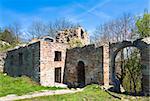 Spring view of Terebovlia castle  ruins (Ternopil Oblast, Ukraine). Built in 1366.