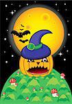 Pumpkin Halloween Card with bat, and moon.