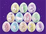 Twelve easter eggs with zodiac signs paintings on them. Vector illustration.