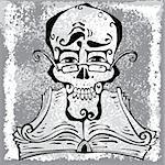 Clever skull. Skull wear eyeglasses over open ancient book with curly pages. With grunge texture on background layer. Easy to edit.