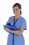 A attractive young female nurse writing on a clipboard, isolated on a solid white background.