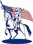 illustration of a American cavalry riding horse blowing a bugle and stars and stripes flag in background