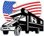 graphic design illustration of a Camper van with american with stars and stripes flag isolated on white viewed   from low angle done in retro style