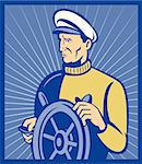 Imagery shows a ship captain at the helm done done in retro style