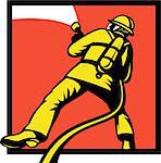illustration of a Firefighter or fireman aiming a fire hose viewed from rear in retro style