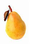 Yellow ripe pear with dry leaf on white background. Isolated.