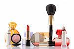 perfume and cosmetics on white background, beauty concept