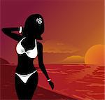 Illustration silhouette beautiful girl at sunset on beach - vector