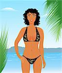 Illustration pretty suntanned girl on beach - vector