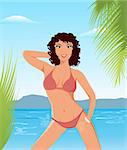 Illustration pretty brunette girl on beach - vector
