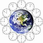 Earth with clocks around it depicting one hour around the Planet