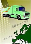 Cover for brochure or template with Europe silhouette and truck image. Vector illustration