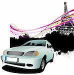 Light blue car with Paris image background. Vector illustration