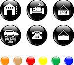 set of hotel and motel objects icons on black buttons