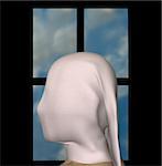 Female figure draped with white cloth and blue sky window frame. 3d illustration.