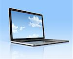 3D laptop computer with sky in screen isolated on blue with 2 clipping path : one for global scene and one for the screen