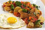 Fried egg with fried potatoes, broccoli, carrot, tomato and onion and seasoned with fresh oregano (Selective Focus, Focus on the egg yolk and the front of the fried vegetables)