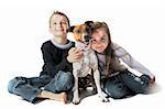 portrait of a puppy purebred jack russel terrier and children on a white background