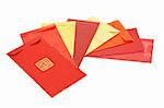 Eight Chinese new year red packets arranged on white background