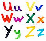 Very large handwritten font, letters U V W X Y Z in capital and small cases, made with colorful ink markers and paper fibers visible.