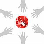 Group hands in a circle around the flag of japan. Vector available