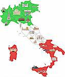 Map of Italy divided by regions with most famous sights in each. Sights drawn in watercolor style. Vector illustration.