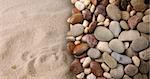 Colorful river stones on sand background