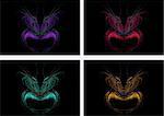 Four mask or face shaped fractals in purple, red, teal or green and gold or orange on a black background with feathered eyebrows.
