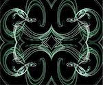 Seamless green and white fractal design on a black background.