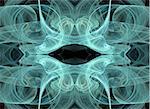 Continuous fractal pattern in teal and black that resembles a mouth with horns or whiskers.