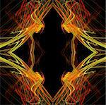 Diamond shaped continuous fractal pattern in yellow and red on a black background.