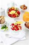 Healthy breakfast with yogurt, fresh fruits and cereal sticks