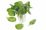 front view of fresh spinach in a glass on white background, vegetarian food