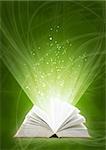 Vertical background of green color with magic book