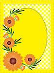 Vector eps10 Yellow oval copy space with gingham and orange flowers border or frame.