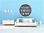 3d rendering interior of the living room, modern room, blue wall and white sofa