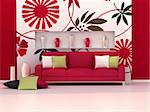 3d rendering interior of the living room, modern room, floral wall and red sofa