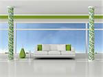 3d render interior of the modern room, green wall and white sofa