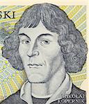 Nicolaus Copernicus on 1000 zlotych 1982 banknote from Poland. First astronomer to formulate a scientifically-based heliocentric cosmology that displaced the Earth from the center of the universe.