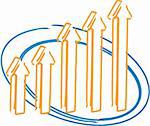 Arrow bar chart, 3d whiteboard hand-drawn illustration