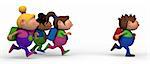 school kids running from left to right - three girls chasing a boy - back to school concept