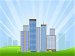 Panorama of Downtown with Skyscrapers And Green Meadow on Horizon. Vector Illustration