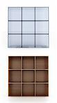 3D shelves on white background. Glass and wood material
