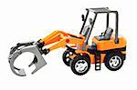 Toy model of grapple loader tractor on white background